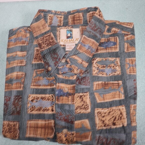 NWOT Kahala Hawaiian Shirt Mens XL Blue Fish Tropical Cotton  Short Sleeve Aloha - Picture 1 of 5